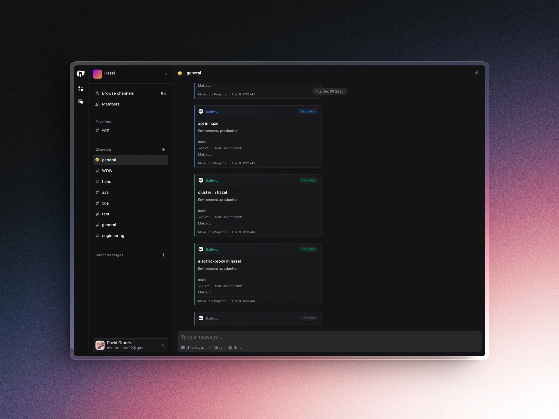 Hazel open source team chat platform - real-time messaging interface with channels and direct messages